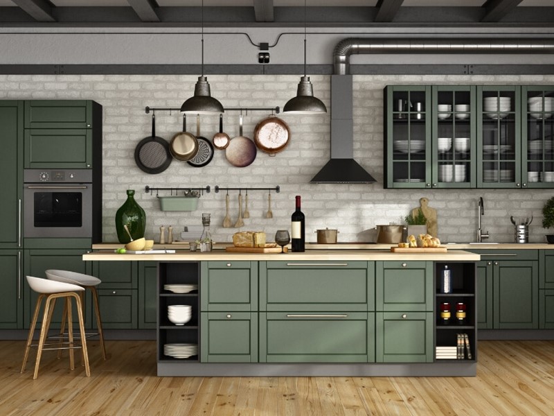 Kitchen with custom green cabinets
