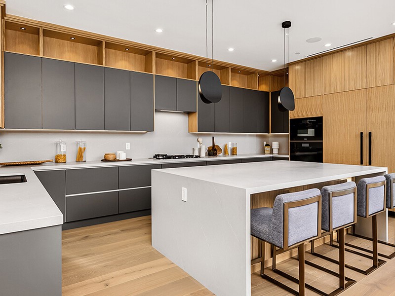 Grey and wood two tone kitchen cabinets