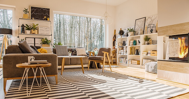 Living room with striped rug